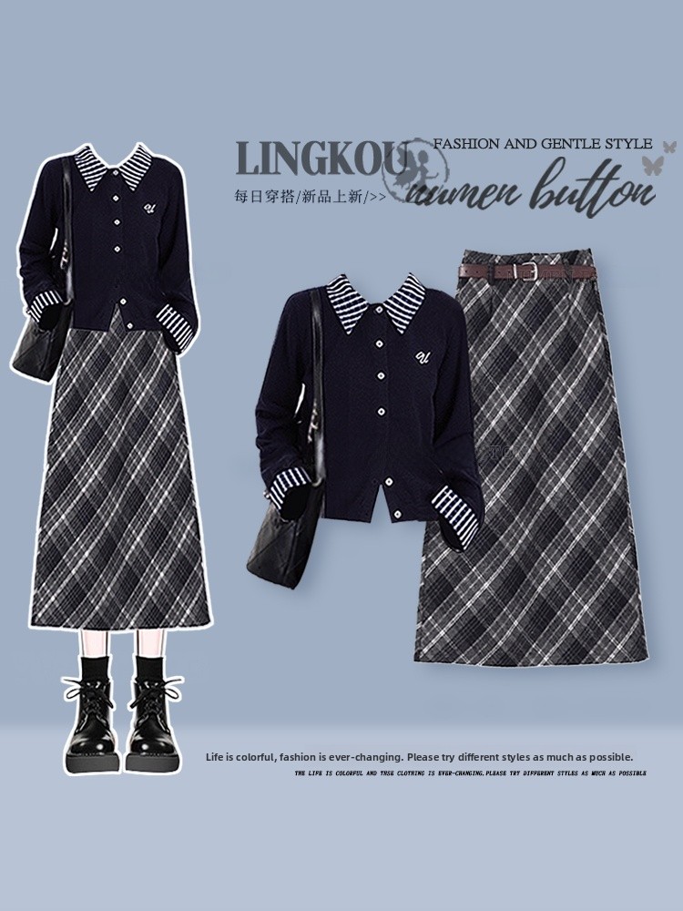 Vintage Fashion Trends - Chic Knitted Cardigan And Plaid Skirt