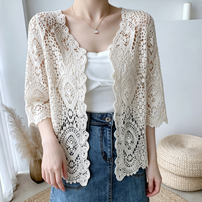 Crochet Top Boho - Open Front Crochet Knitted Cardigan for