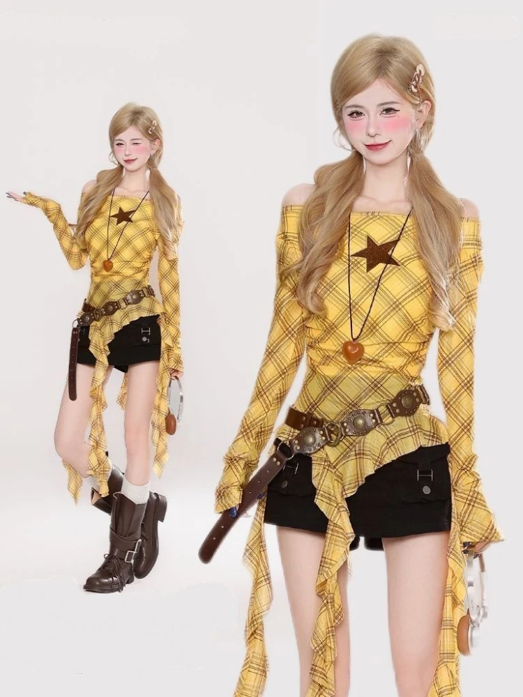 Y2K Plaid Slash Neck Vintage T – Vintage Y2K Bewertung und Preis
