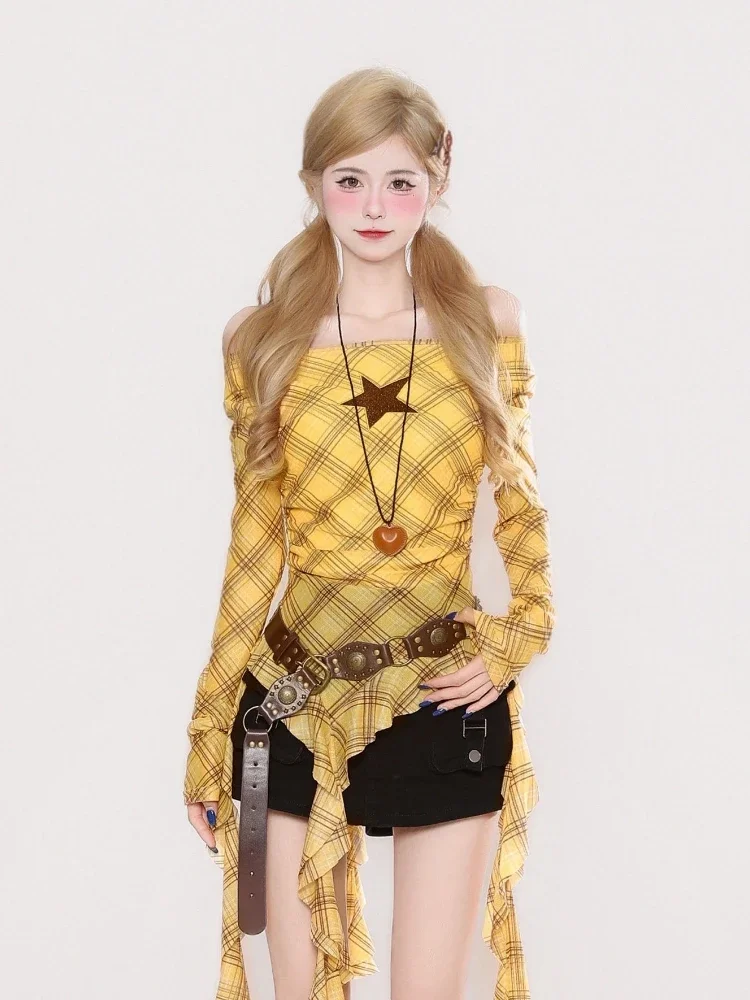 Y2K Plaid Slash Neck Vintage T – Vintage Y2K Bewertung und Preis